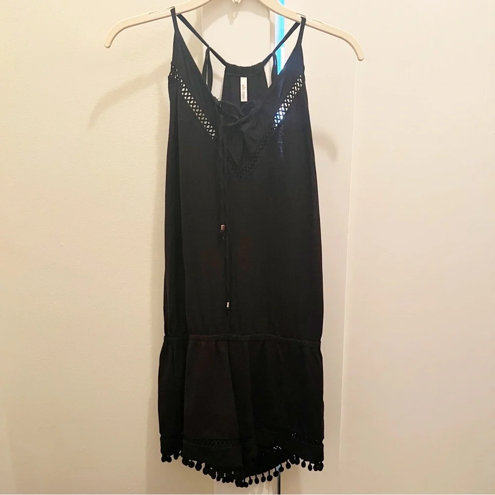 Ella Moss Medallion Melody Romper Coverup XS Black Pom‎ Pom V-Neck Tencel Cotton